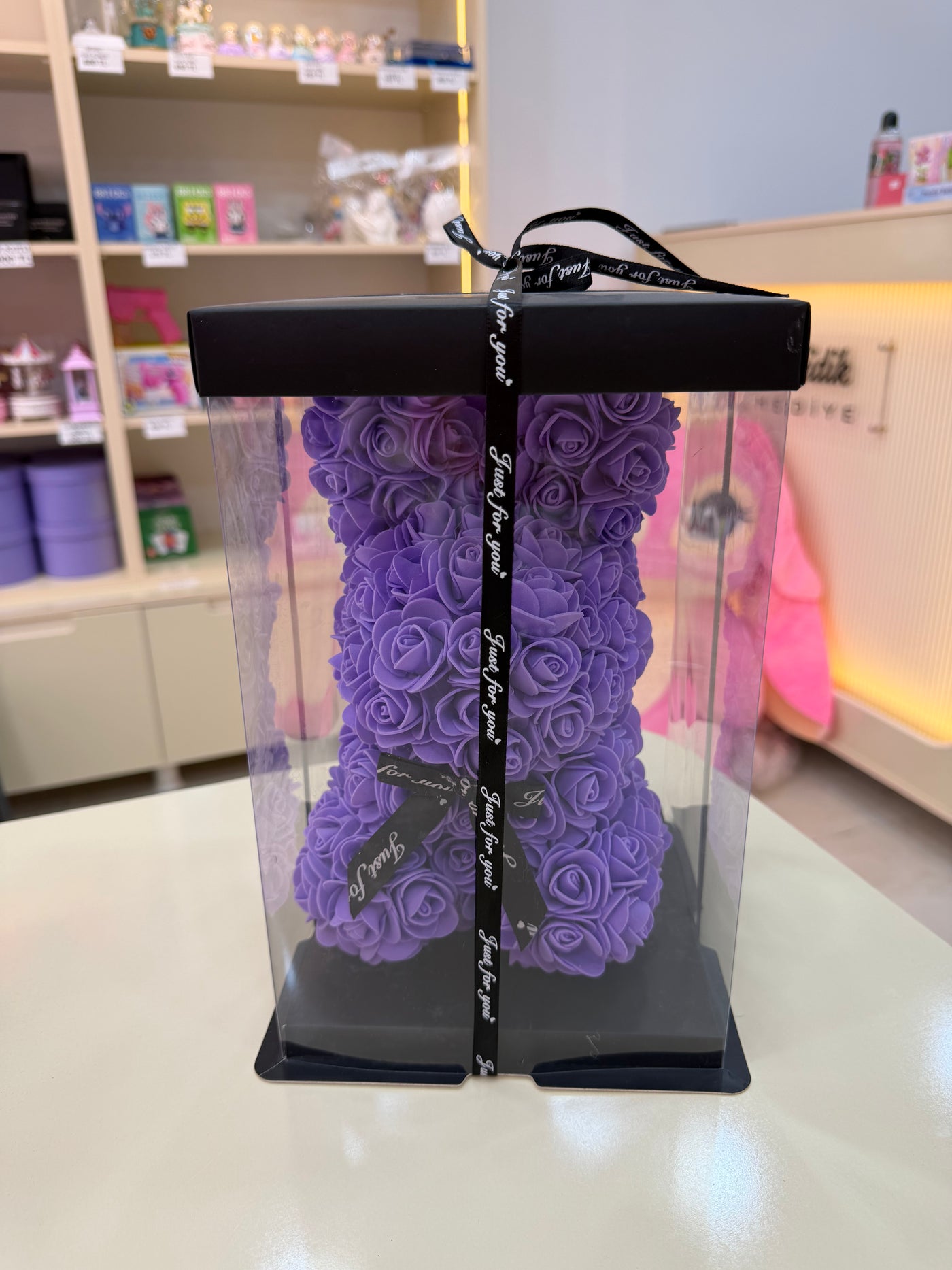 Lüks Kutulu Gül Tavşan - "Just For You" Kurdele Detaylı Özel Hediye Pofidik Hediye
