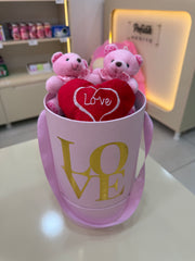 Aşk Dolu Pembe Kutu Seti - Gold LOVE Baskılı & Kalpli Çift Ayıcık Pofidik Hediye