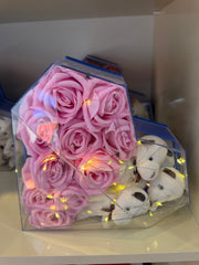 Led Işıklı Şeffaf Kalp Kutuda Pembe Güller & Peluş Ayıcıklar Pofidik Hediye