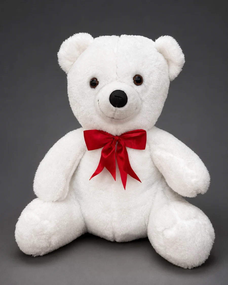 55 cm Beyaz Kırmızı Fiyonklu Peluş Ayı Pofidik Hediye