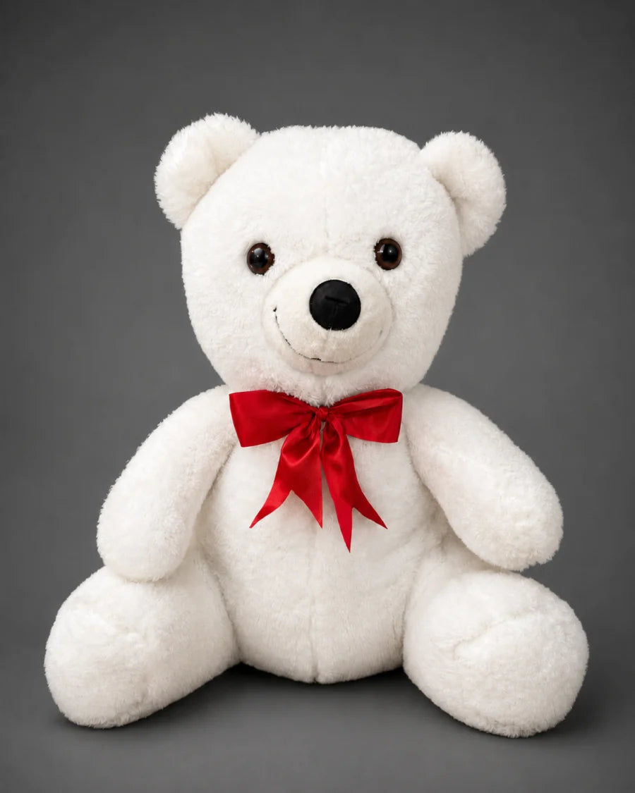 55 cm Beyaz Kırmızı Fiyonklu Peluş Ayı Pofidik Hediye