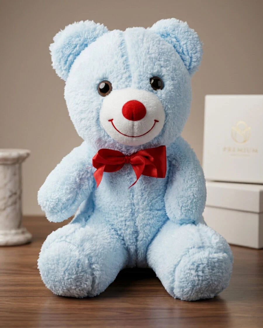 35 cm Mavi Kırmızı Fiyonklu Peluş Ayı Pofidik Hediye