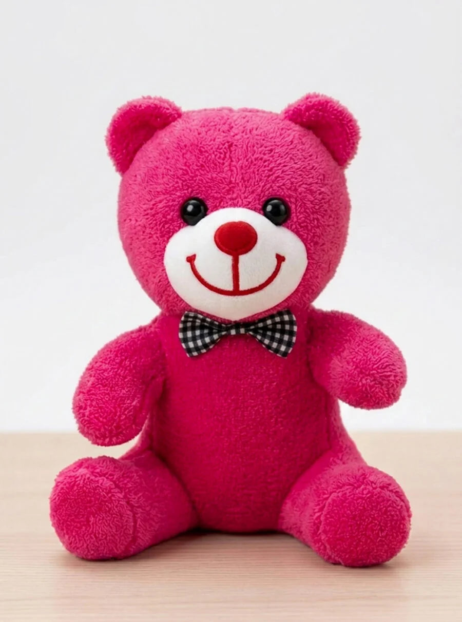25 cm Fuşya Ekoseli Papyonlu Peluş Ayı Pofidik Hediye