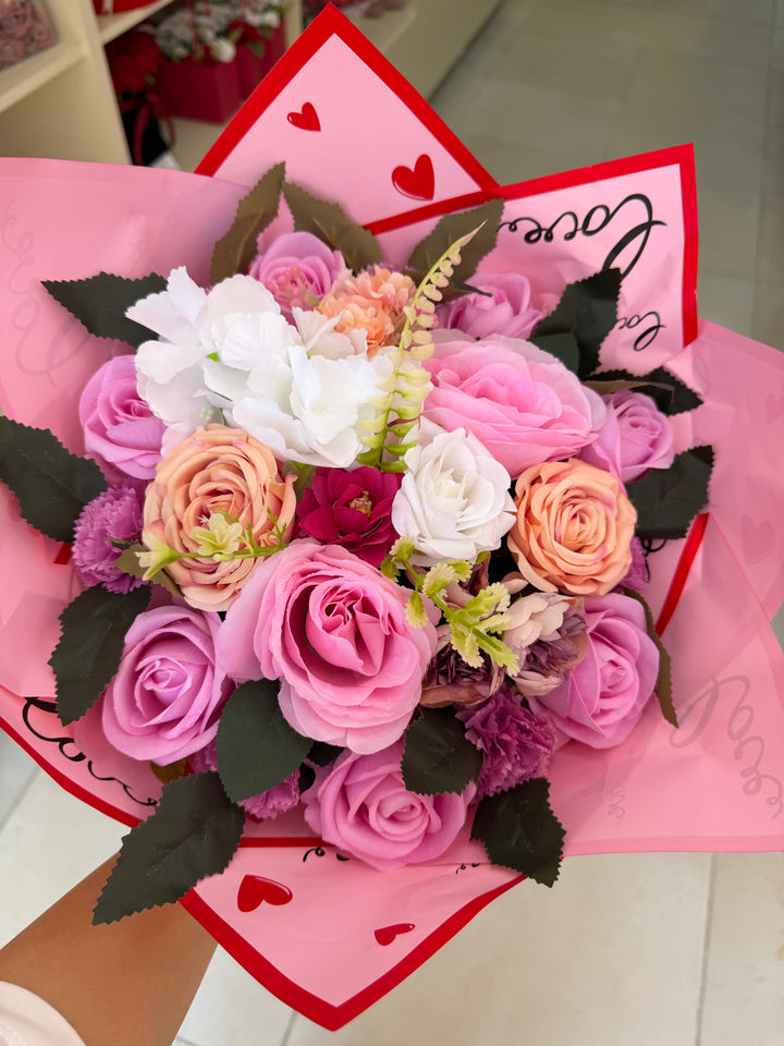 Pembe & Şeftali Tonlu Romantik Yapay Çiçek Buketi Pofidik Hediye