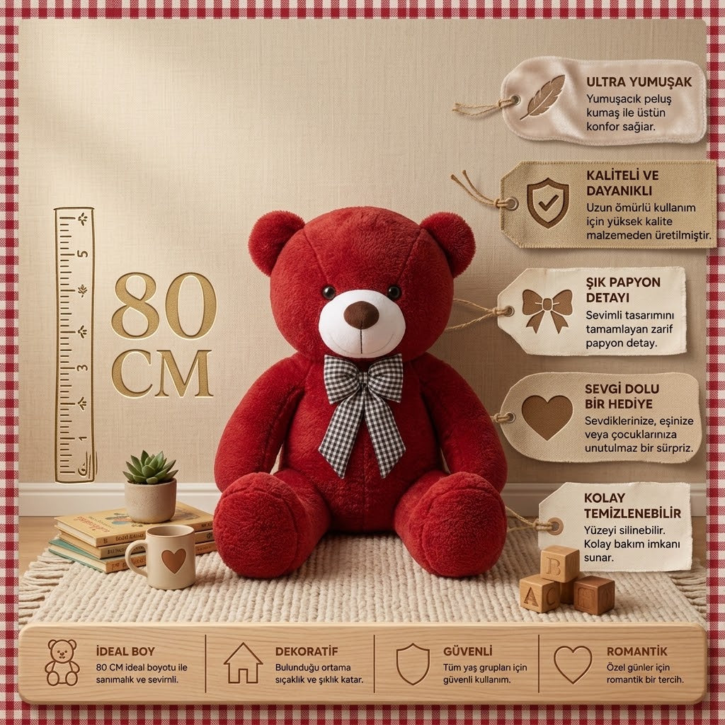 80 cm Dev Kırmızı Peluş Ayı - Ultra Yumuşak ve Şık Papyon Detaylı Pofidik Hediye