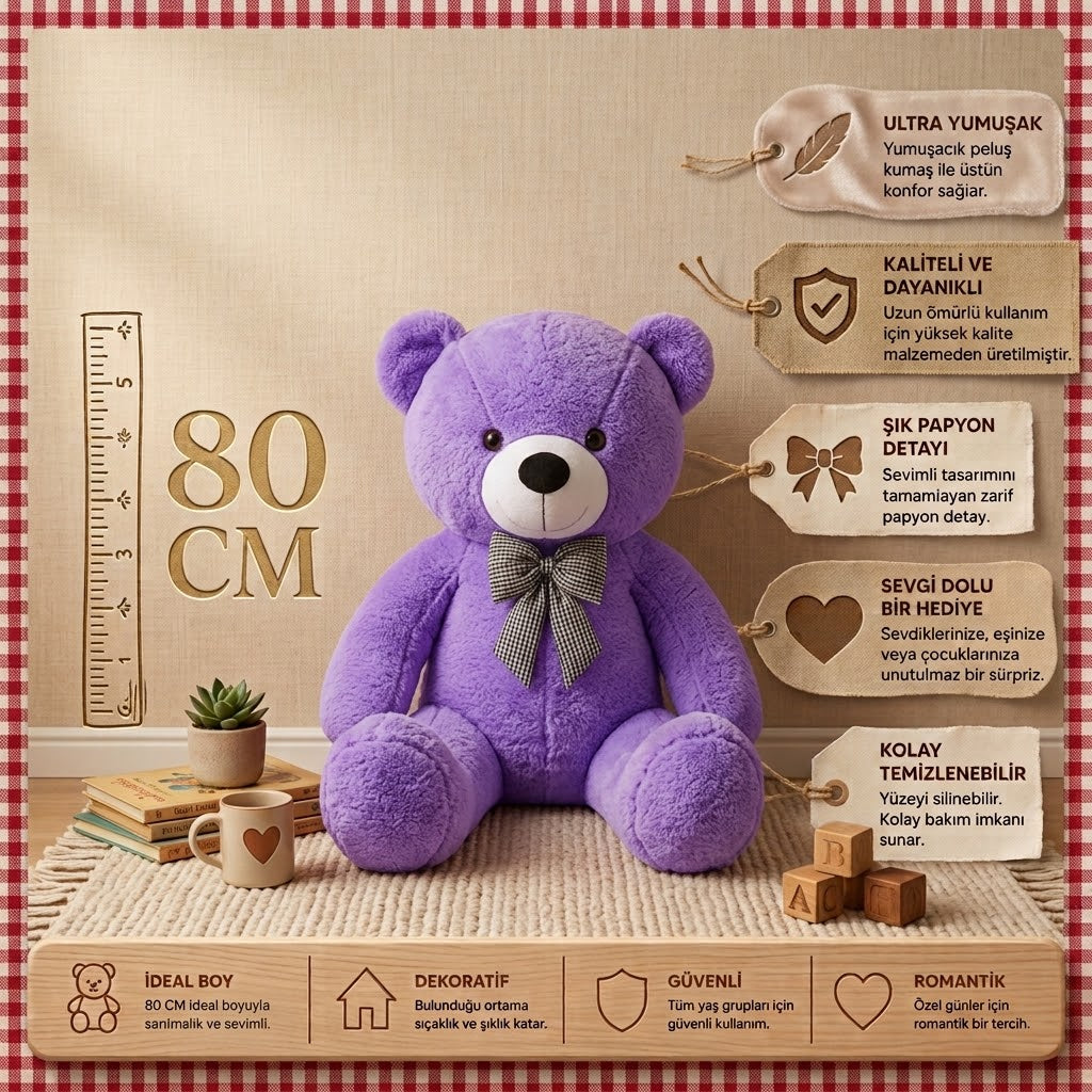 80 cm Dev Mor Peluş Ayı - Ultra Yumuşak ve Şık Papyon Detaylı Pofidik Hediye