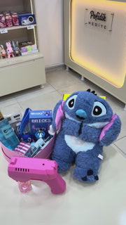 Pembe Mavi Masalı – Sevimli Stitch Peluşlu & Pembe Köpük Tabancalı Hediye Seti